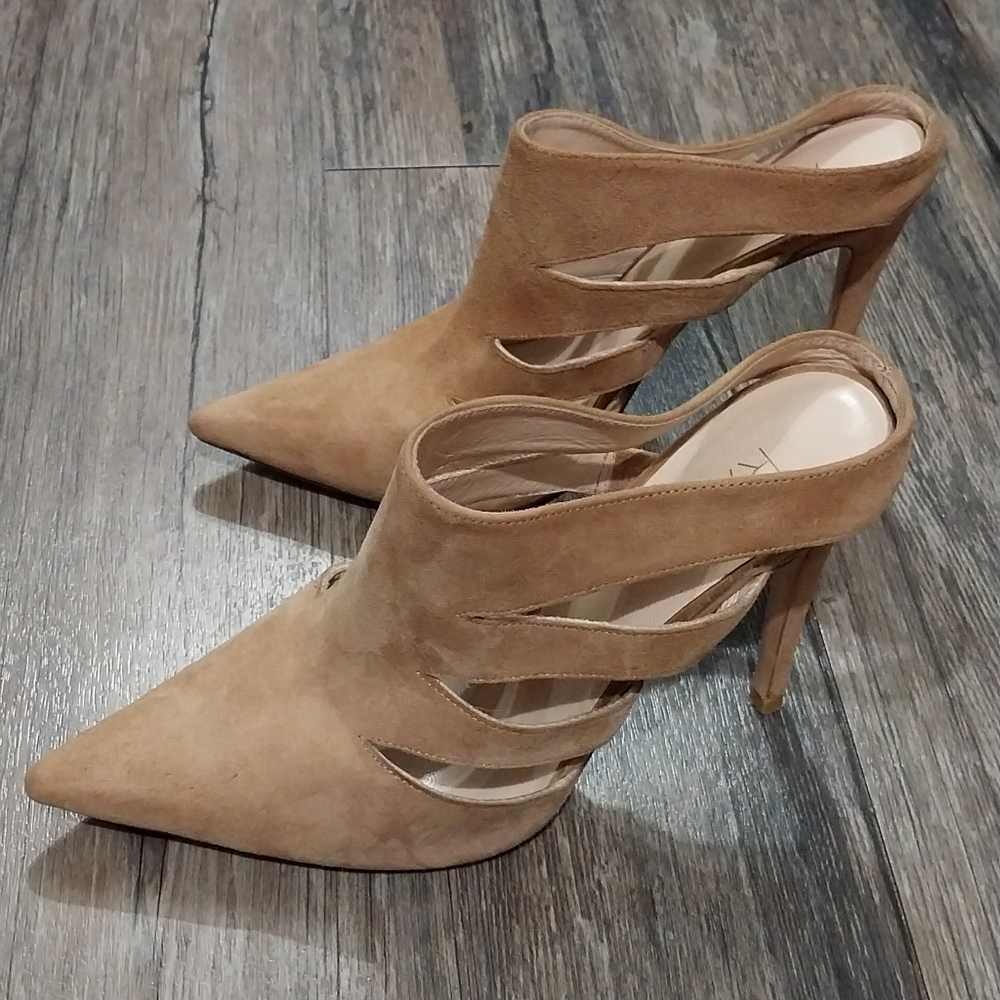 Raye Chloe Pointed Toe Mules Size 38 Womens Tan 4 Inch High Heel Shoes
